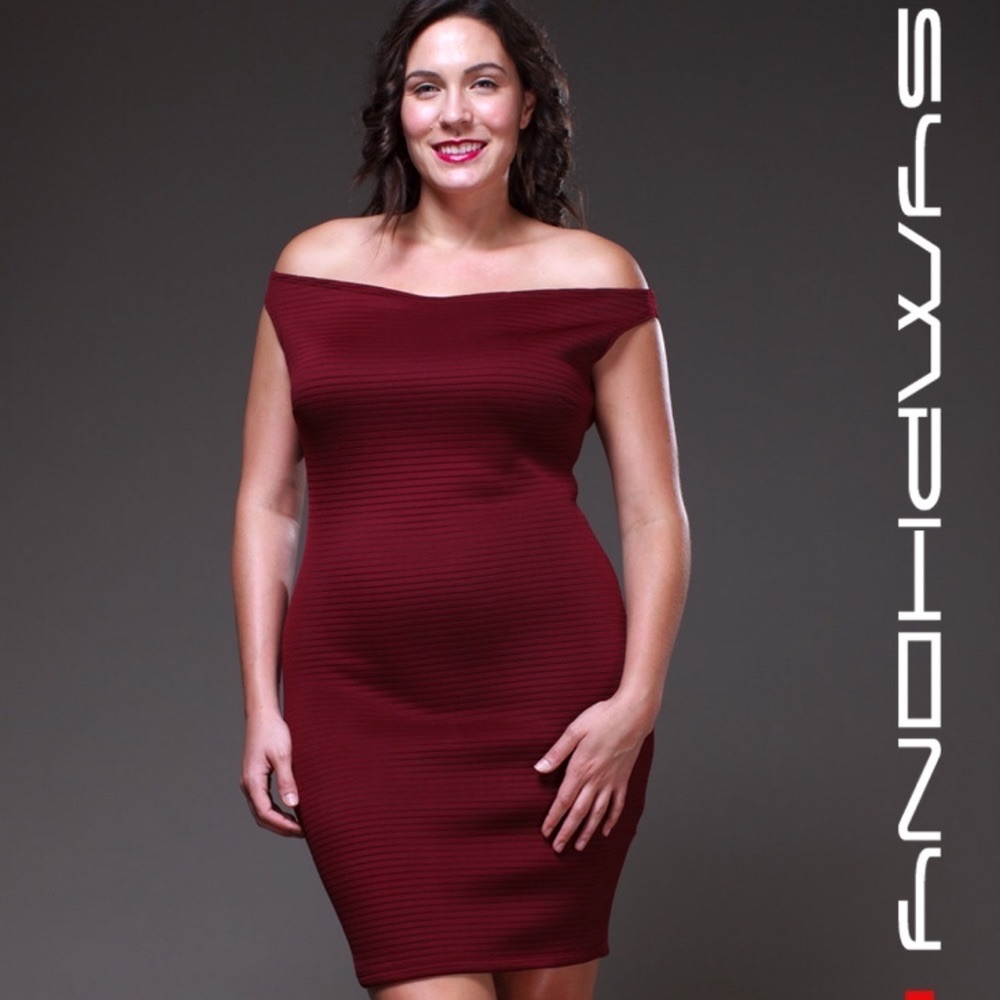 Off The Shoulder Body Con Dress In Cranberry Red